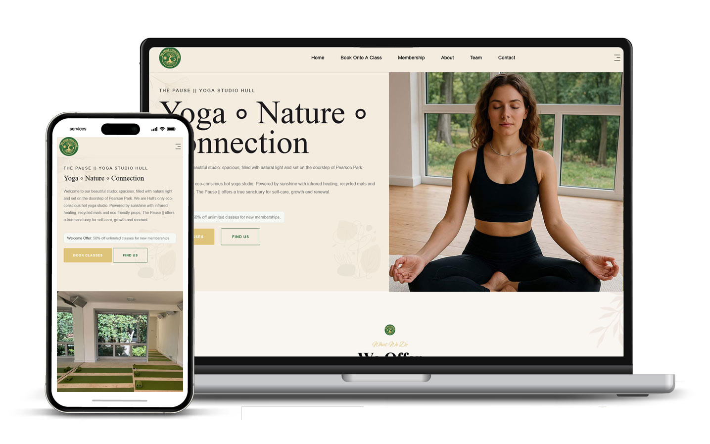 laptop and phone displaying The Pause Yoga Studio website